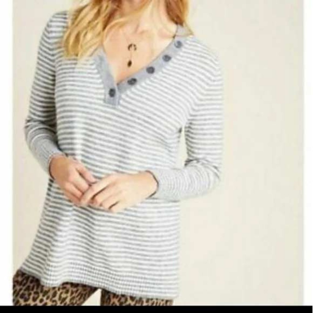 Anthropologie Serena Striped V-Neck Sweater Gray‎ Size Small